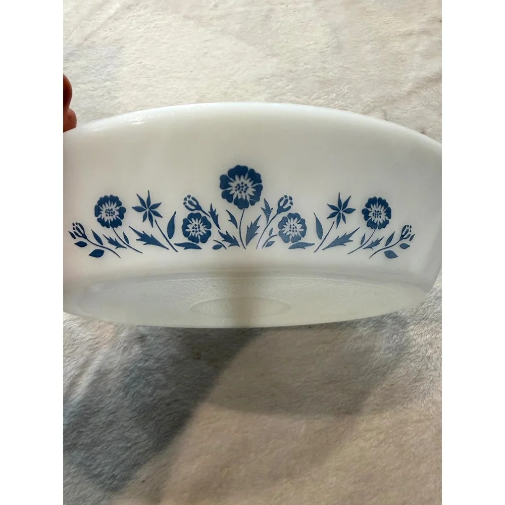 Vintage Glasbake Blue Cornflower Divided Serving Dish Milk Glass Oval 10 inch